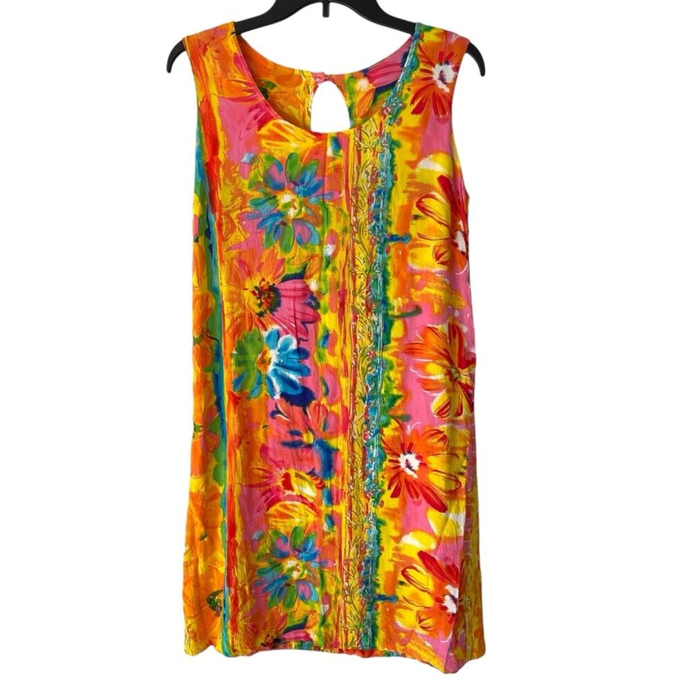 Jams World Vintage Cantina Print Yellow Orange Pink Shift Mini Dress size small